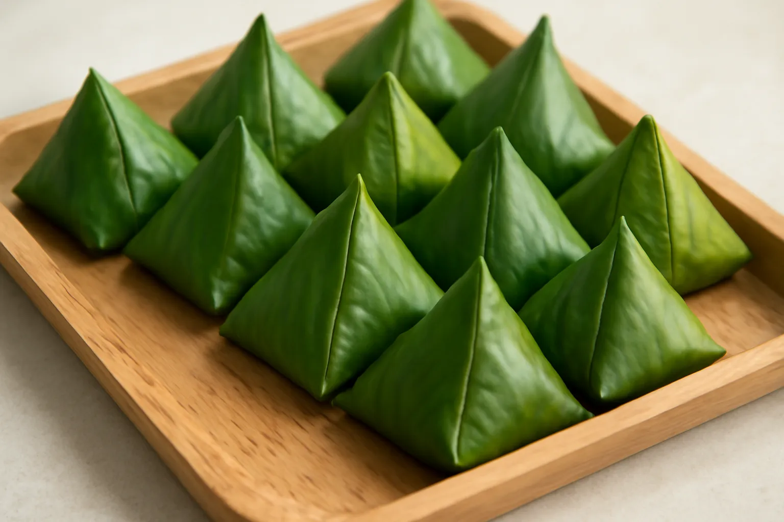 Mấy chiếc bánh hình tháp gói lá chuối xanh trên khay