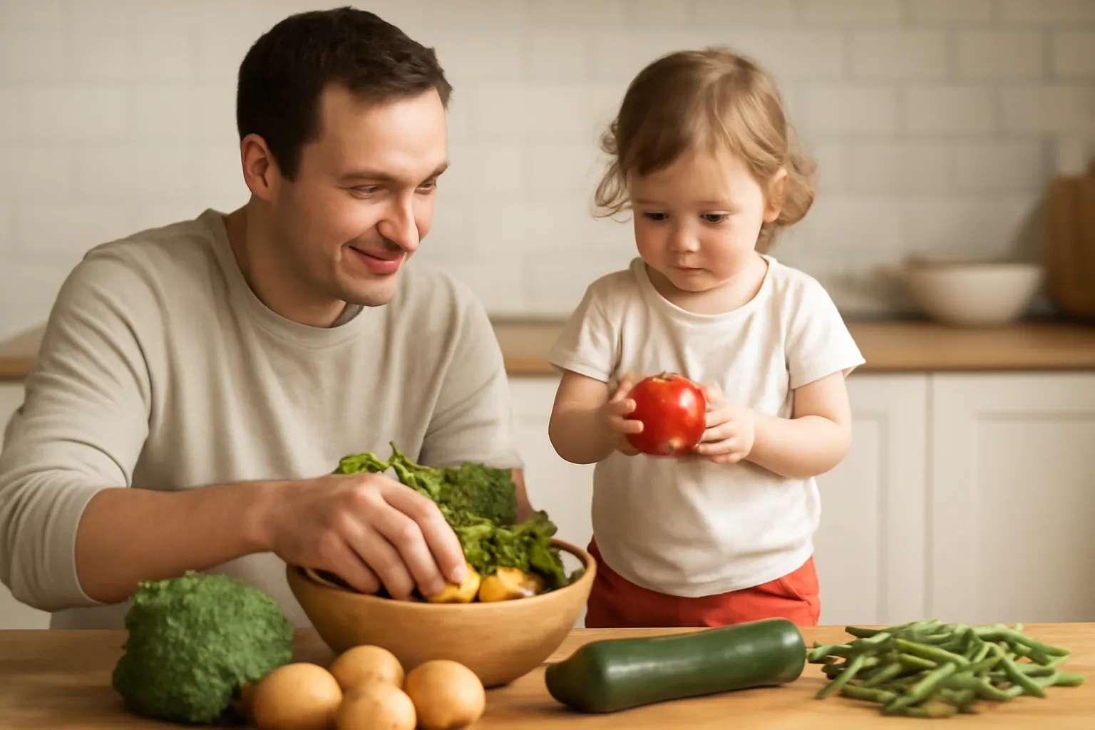 Trẻ nhỏ đứng ghế phụ nhặt rau bên cạnh người lớn