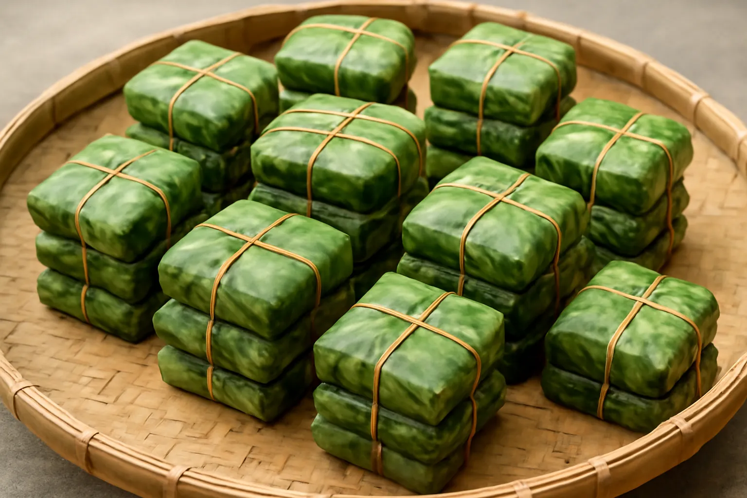 Nhiều chiếc bánh gói lá xếp thành chồng trên nong tre