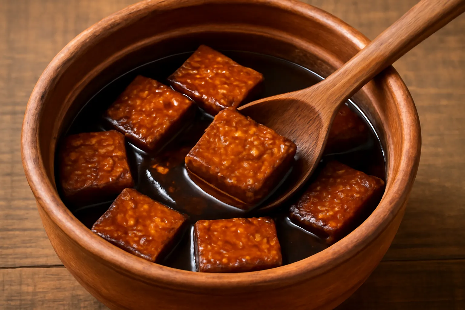 Nồi đất đựng đậu hũ kho màu nâu sẫm với chiếc muỗng gỗ