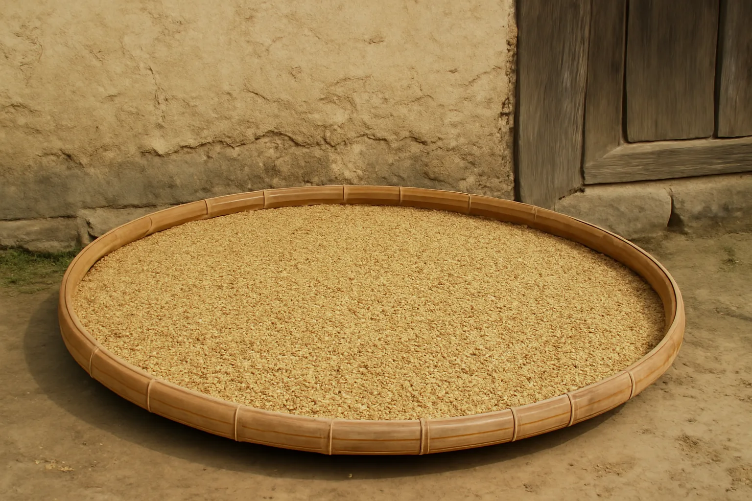 Nong tre đựng lúa vừa gặt để cạnh bức tường nhà quê